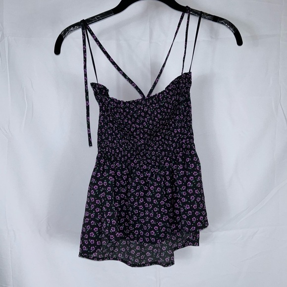 Express Blouse Halter Top Micro Floral Sleeveless Shirred Elastic Waist Shirt - Picture 7 of 9